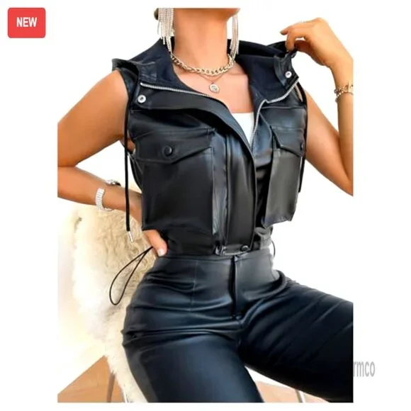 PU Leather Zip Up Cropped Vest Sleeveless Hooded Jacket with Pockets